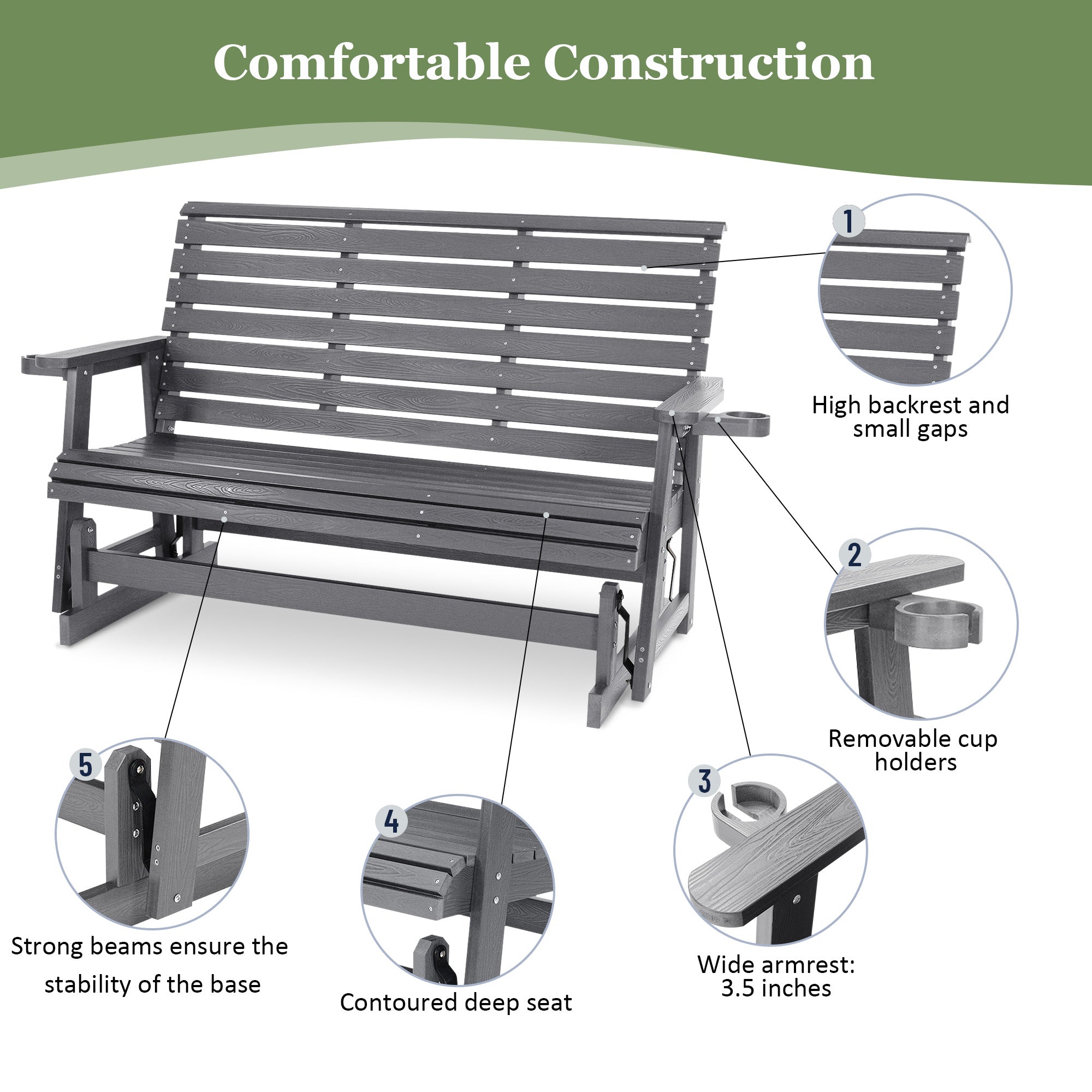 HIPS Patio Glider with Cup Holders, Durable Poly Lumber Material, All-Weather Resistant, High Backrest and Deep Contoured Seat, Ladder Back, Heavy Duty 900 LB, for Outdoor, Patio (Gray, 3-Seat)