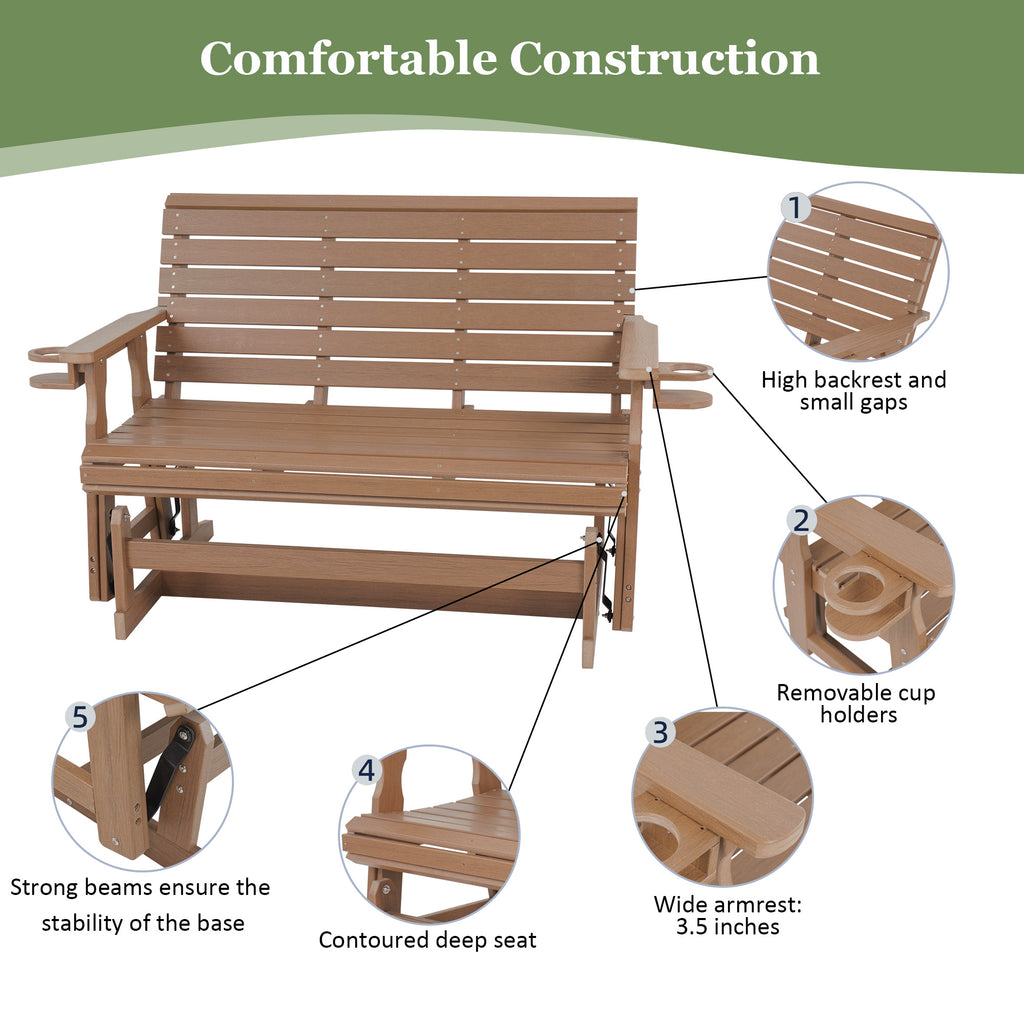 HDPE Patio Glider, Poly Lumber Weather-Resistant Outdoor Glider Bench, for Patio, Porch, Yard,  (Brown, 2-Seater)
