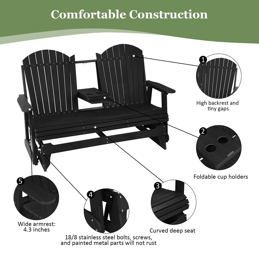 HIPS Patio Glider with Foldable Cup Holders, Durable Poly Lumber Material, All-Weather Resistant, High Backrest and Deep Contoured Seat, Heavy Duty 900 LB, for Outdoor, Porch, Patio (Black, 3-Seat)