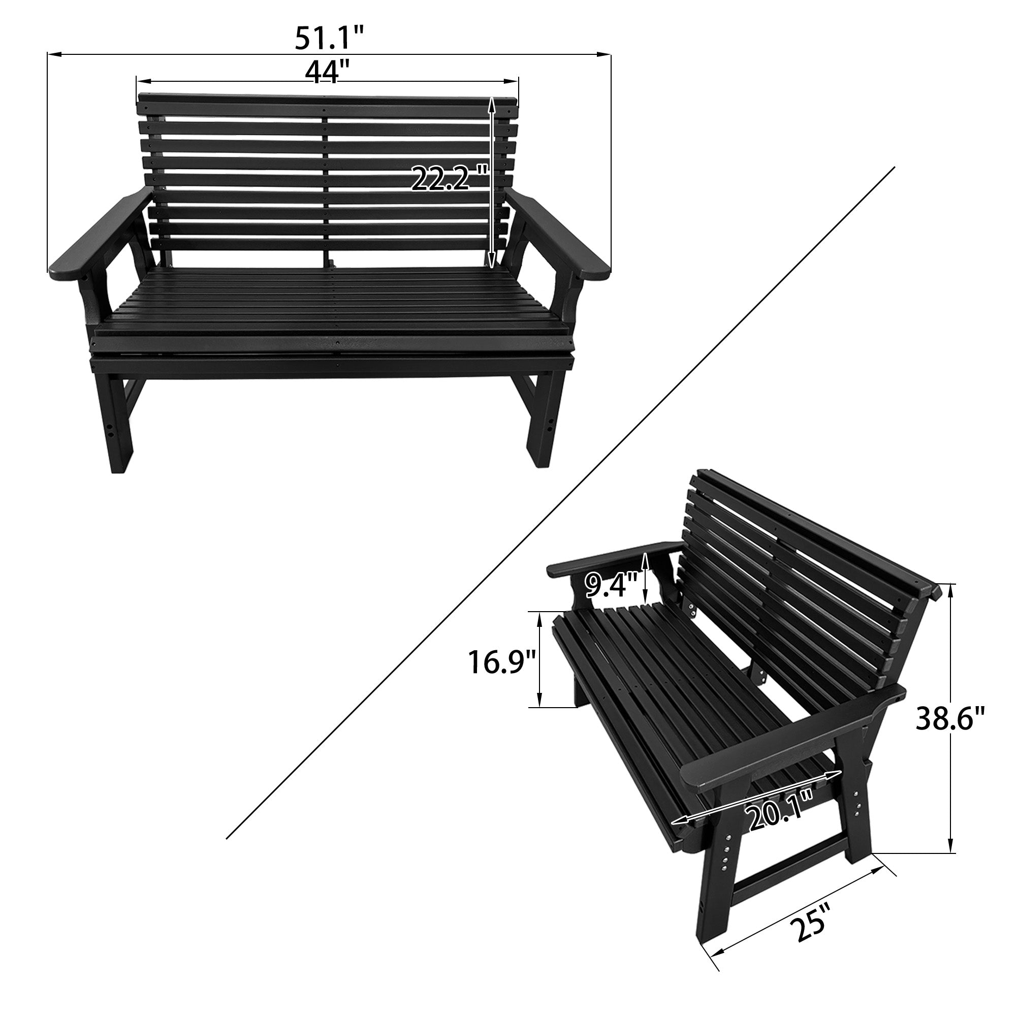 Poly Lumber Outdoor Bench, HDPE All-Weather Bench, Never Rots or Fades, for Patio, Porch, Garden and Park, 700 lbs Weight Capacity (2-Seater, Black)