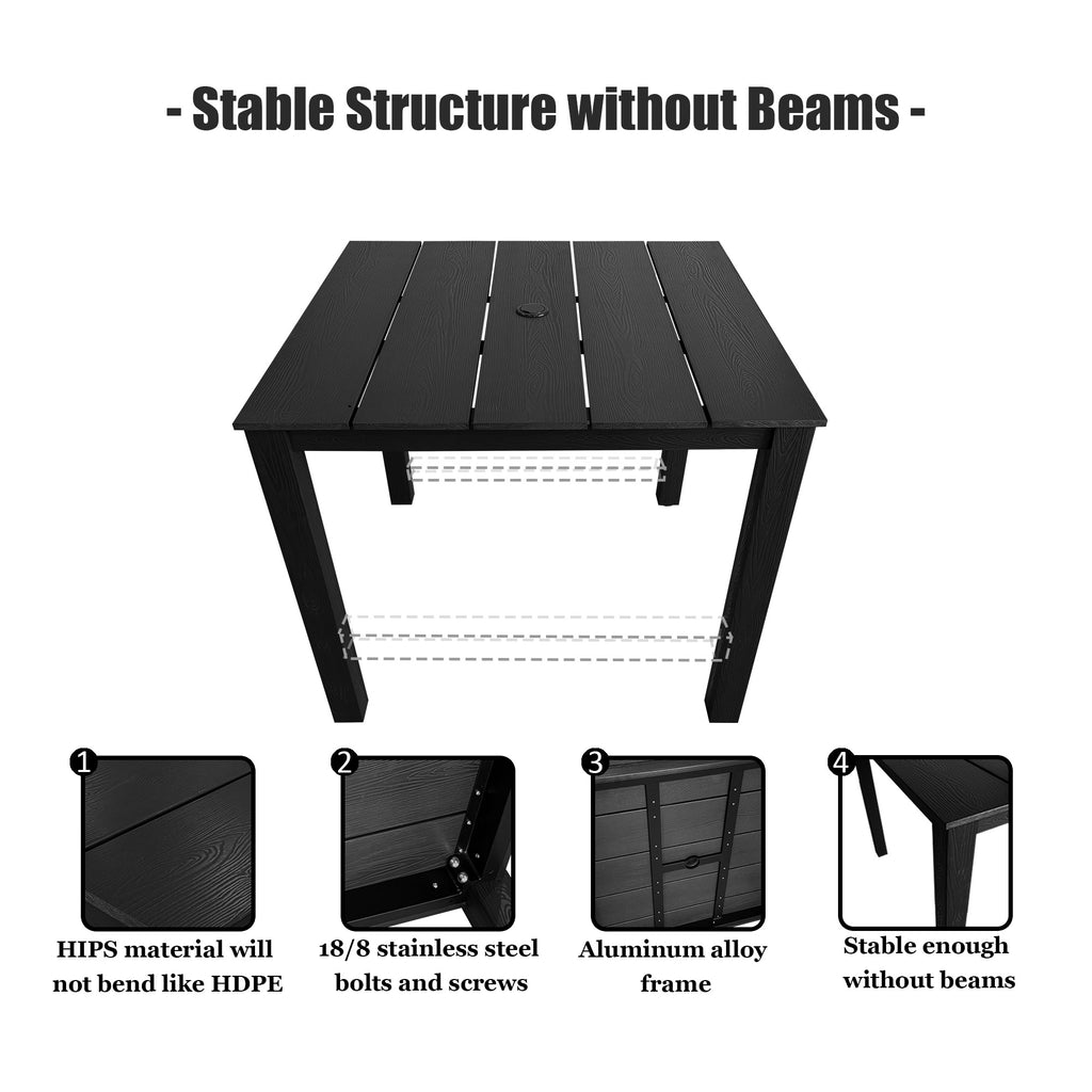 Poly Lumber Patio Dining Table, 36.2-Inches HIPS Outdoor Dining Table with Umbrella Hole, Weather Resistant (Black, 1 Piece)
