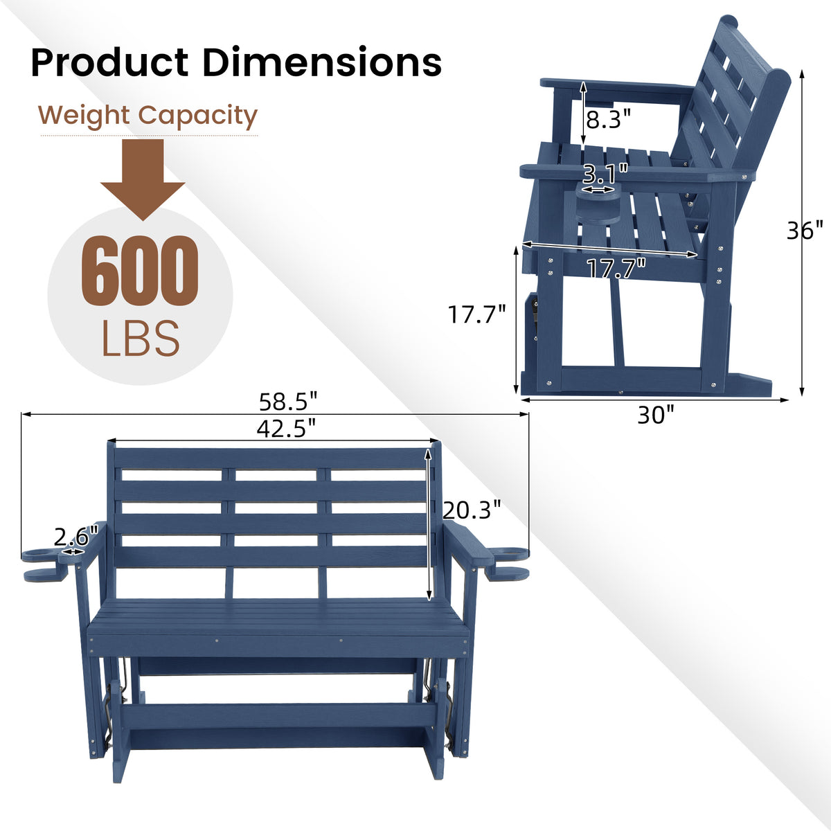 HDPE Patio Glider, Poly Lumber Weather-Resistant Outdoor Glider Bench, for Patio, Porch, Yard (Navy Blue, 2-Seater)