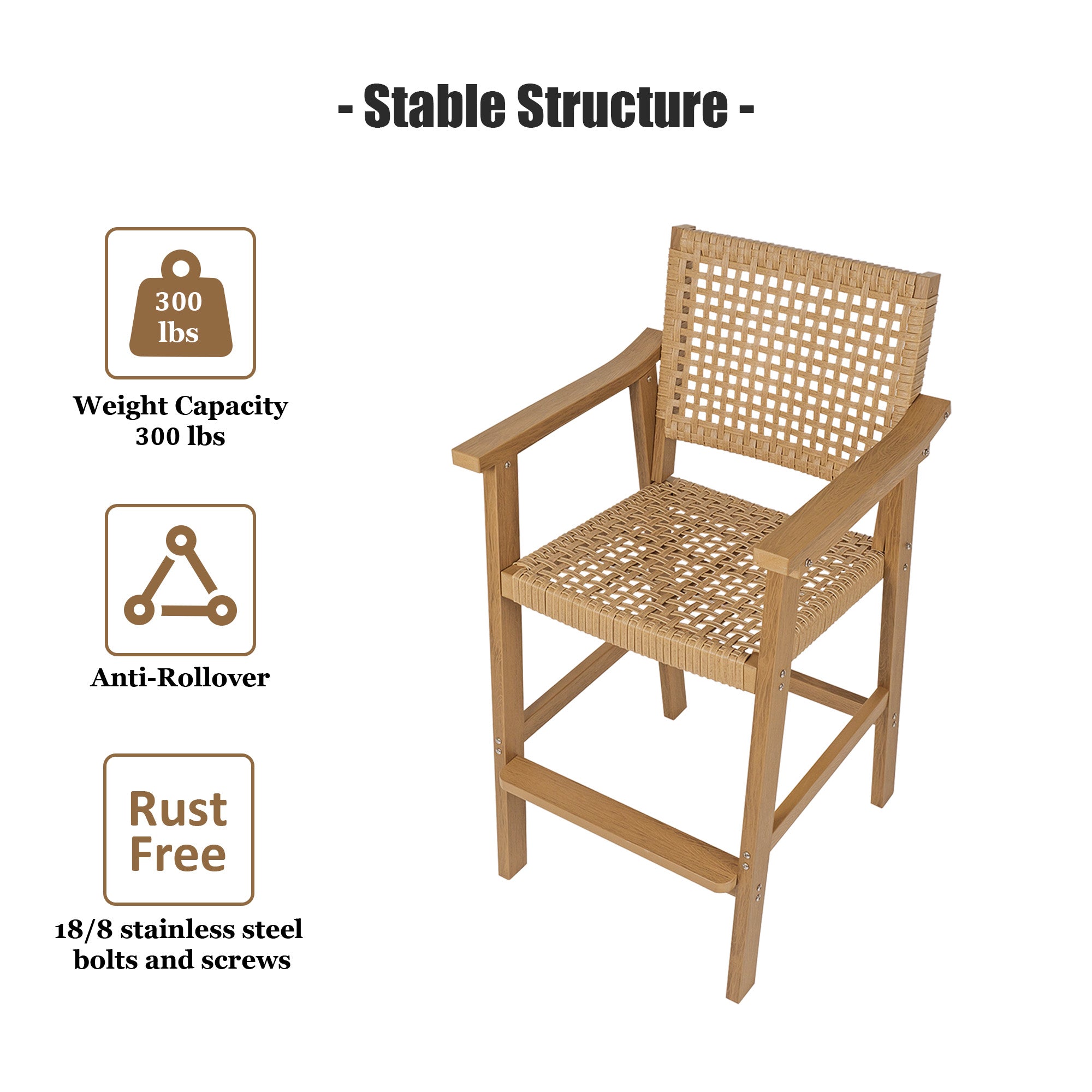 Poly Lumber Patio Bar Stools, PE Rattan Outdoor Bar Chairs, Weather Resistant, for Poolside, Garden, Yard, Balcony (Teak Tone, 2 Piece)