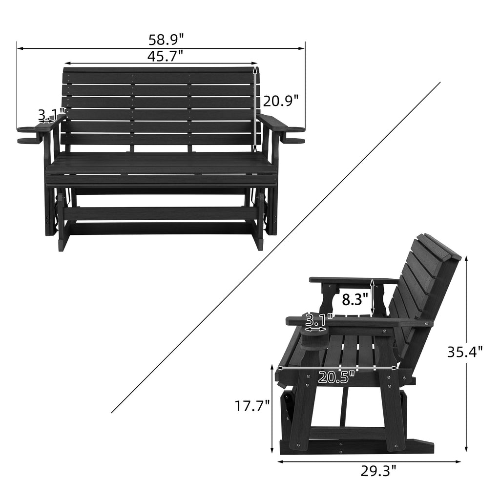 HDPE Patio Glider, Poly Lumber Weather-Resistant Outdoor Glider Bench, for Patio, Porch, Yard,  (Black, 2-Seater)
