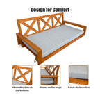 Fortune Candy 6.3 FT Wooden Porch Swing Bed with Thick Cushion – Outdoor Hanging Daybed for Patio or Porch, Solid Fir Wood Frame, Weather-Resistant, Heavy Duty 1000 LBS (Brown)