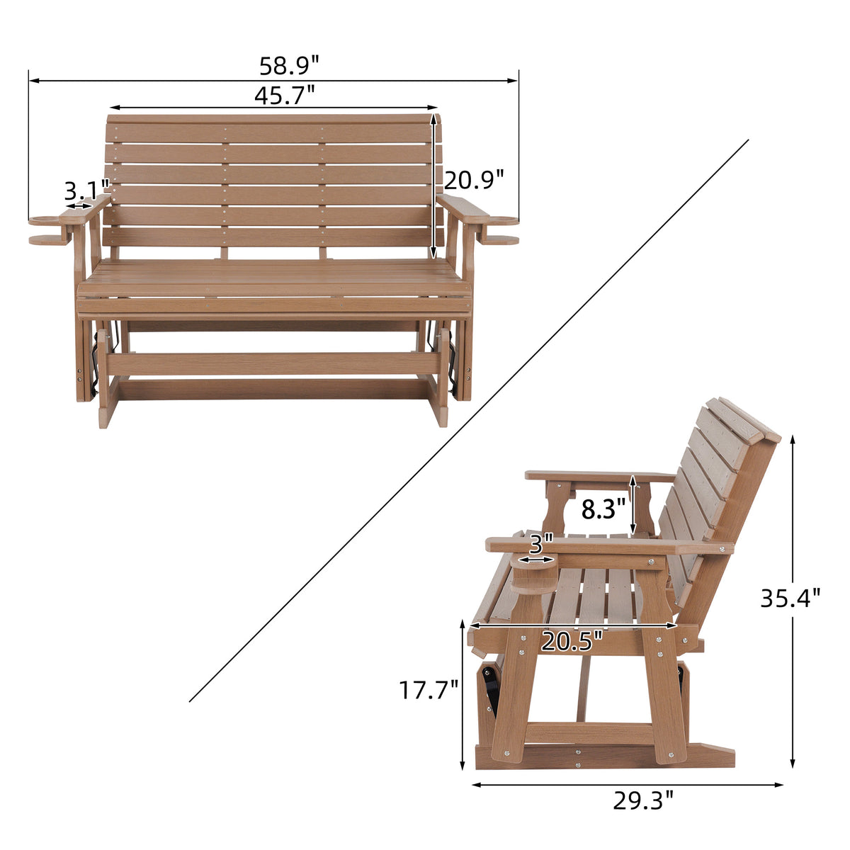 HDPE Patio Glider, Poly Lumber Weather-Resistant Outdoor Glider Bench, for Patio, Porch, Yard,  (Brown, 2-Seater)