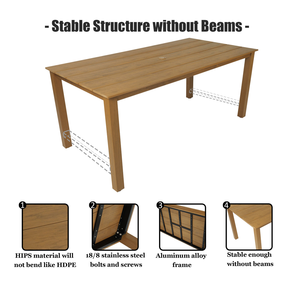 70.9-Inches Poly Lumber Outdoor Dining Table, HIPS Patio Dining Table with Umbrella Hole, Weather Resistant (Teak Tone, 1 Piece)