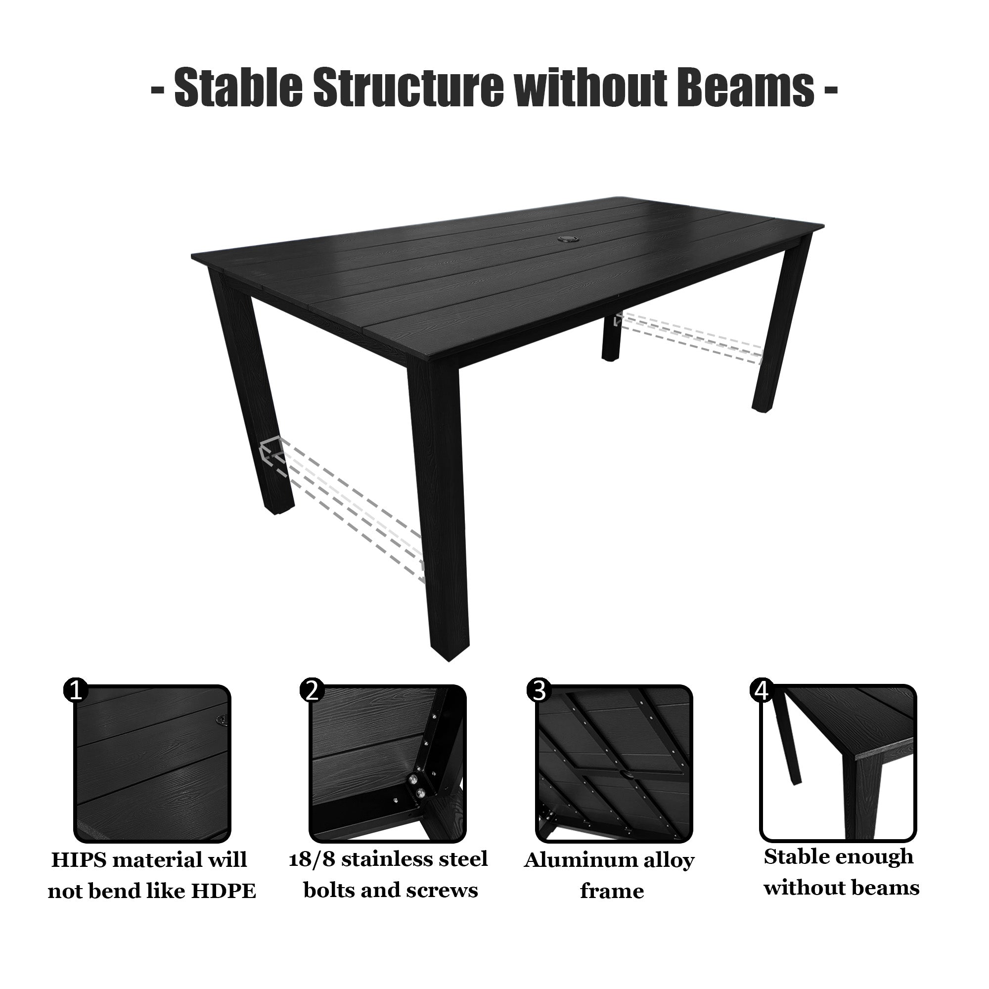 70.9-Inches Poly Lumber Outdoor Dining Table, HIPS Patio Dining Table with Umbrella Hole, Weather Resistant (Black, 1 Piece)