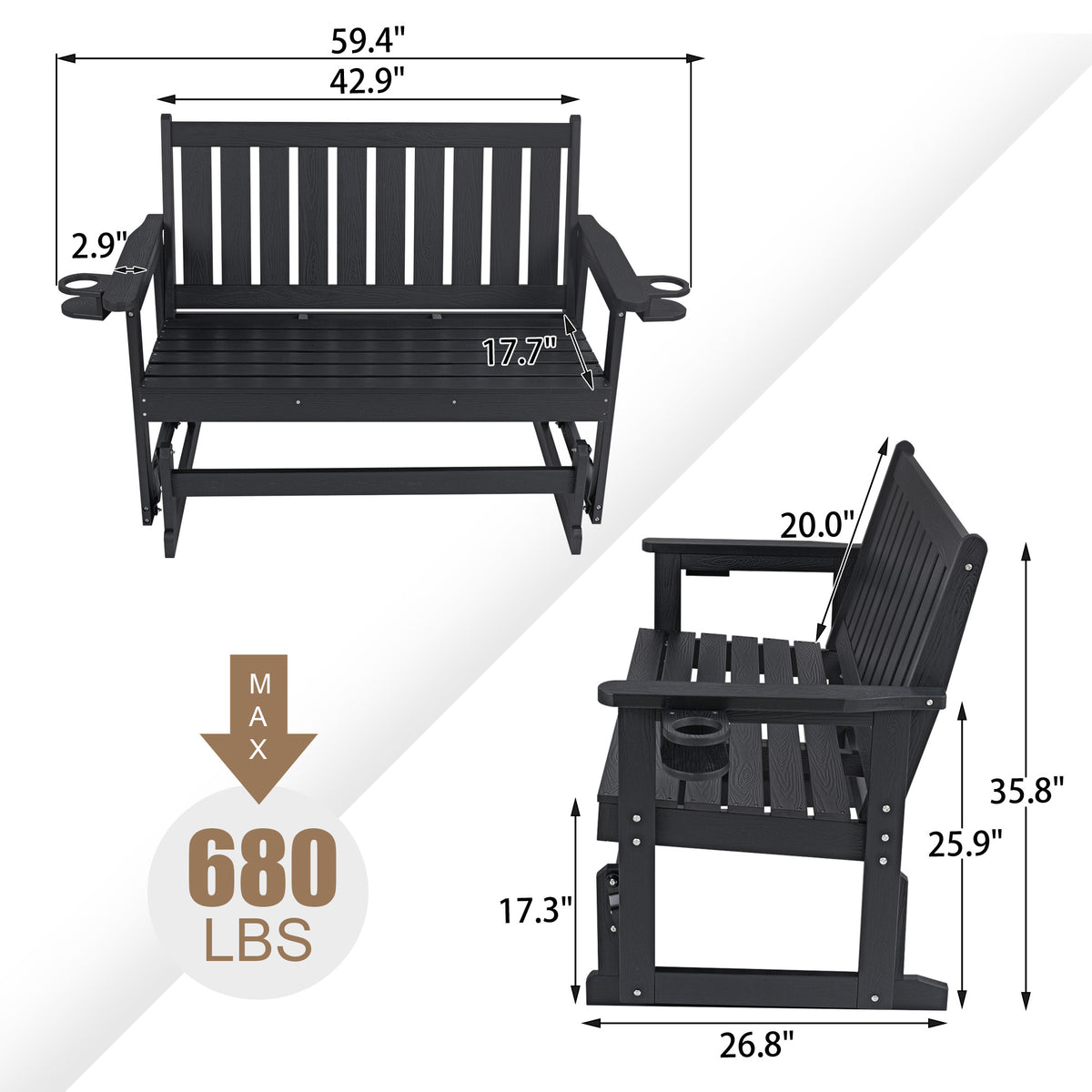 Poly Lumber Patio Glider, HIPS Material Weather-Resistant Swing Bench for Outdoor Porch Garden (Black, 2-Seater)