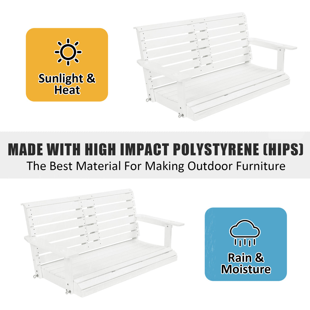 Poly Lumber 2-Seat Porch Swing, HIPS 4.5-Feet Bench Swing with Foldable Cup Holders,18/8 Stainless Steel Hardware, High Backrest and Deep Contoured Seat (Snow White, 4.5-feet)