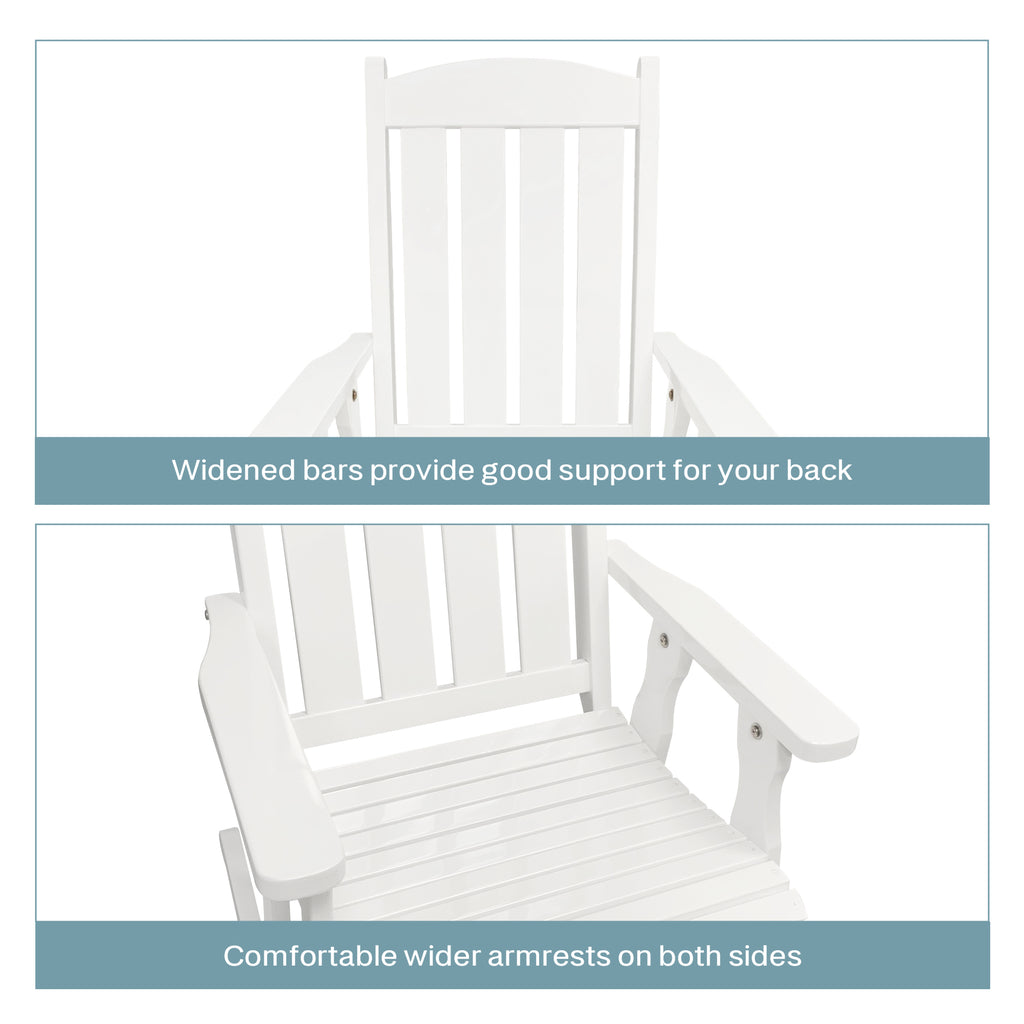Fortune Candy Wooden Rocking Chair with Comfortable Backrest Inclination, High Backrest and Deep Contoured Seat, Solid Fir Wood, Heavy Duty 600 LBS, for Backyard, Porch and Patio (PU White)