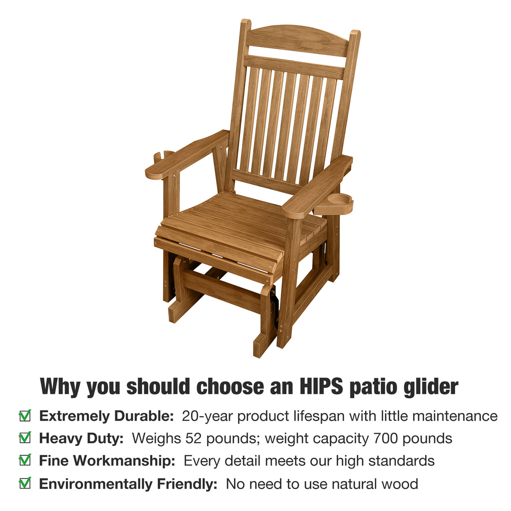 Poly Lumber Patio Glider for One Person, with Cup Holders, High Backrest and Deep Contoured Seat, HIPS Material, All-Weather Resistant, Heavy Duty 700 LBS (Light Brown)