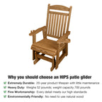 Poly Lumber Patio Glider for One Person, with Cup Holders, High Backrest and Deep Contoured Seat, HIPS Material, All-Weather Resistant, Heavy Duty 700 LBS (Light Brown)