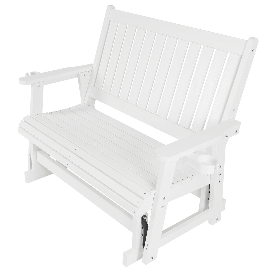 HIPS Patio Glider with Cup Holders, Durable Poly Lumber Material, All-Weather Resistant, High Backrest and Deep Contoured Seat, Heavy Duty 900 LB, for Outdoor, Porch, Patio (White, 2-Seat)