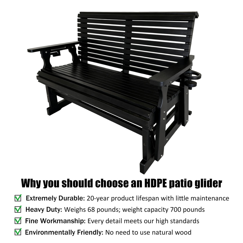 HDPE Patio Glider, Poly Lumber Weather-Resistant Outdoor Glider Bench, for Patio, Porch, Yard, Black