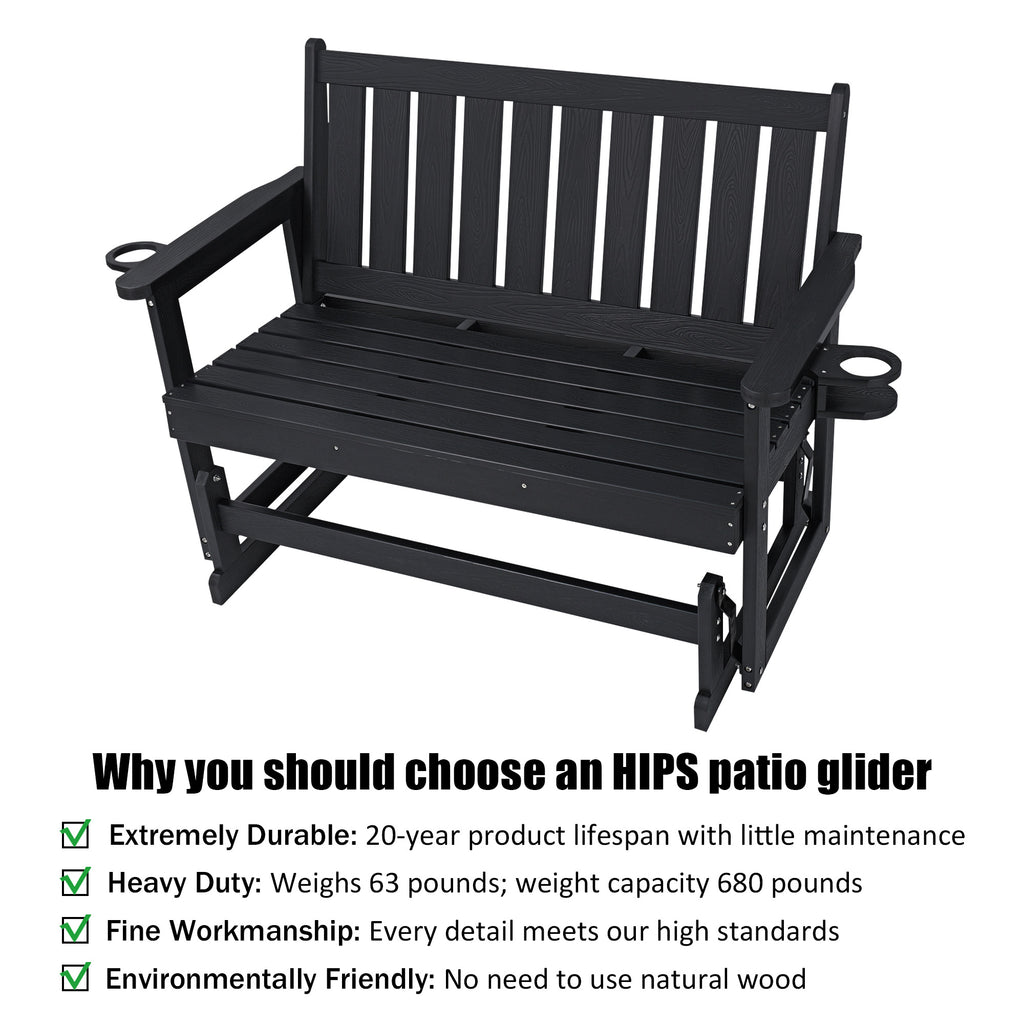 Poly Lumber Patio Glider, HIPS Material Weather-Resistant Swing Bench for Outdoor Porch Garden (Black, 2-Seater)