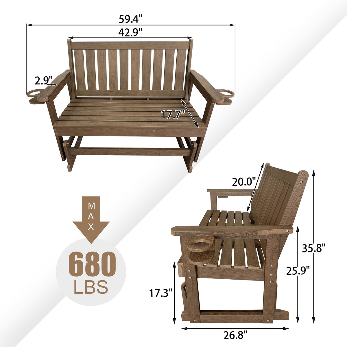 Poly Lumber Patio Glider, HIPS Material Weather-Resistant Swing Bench for Outdoor Porch Garden, Deep Brown