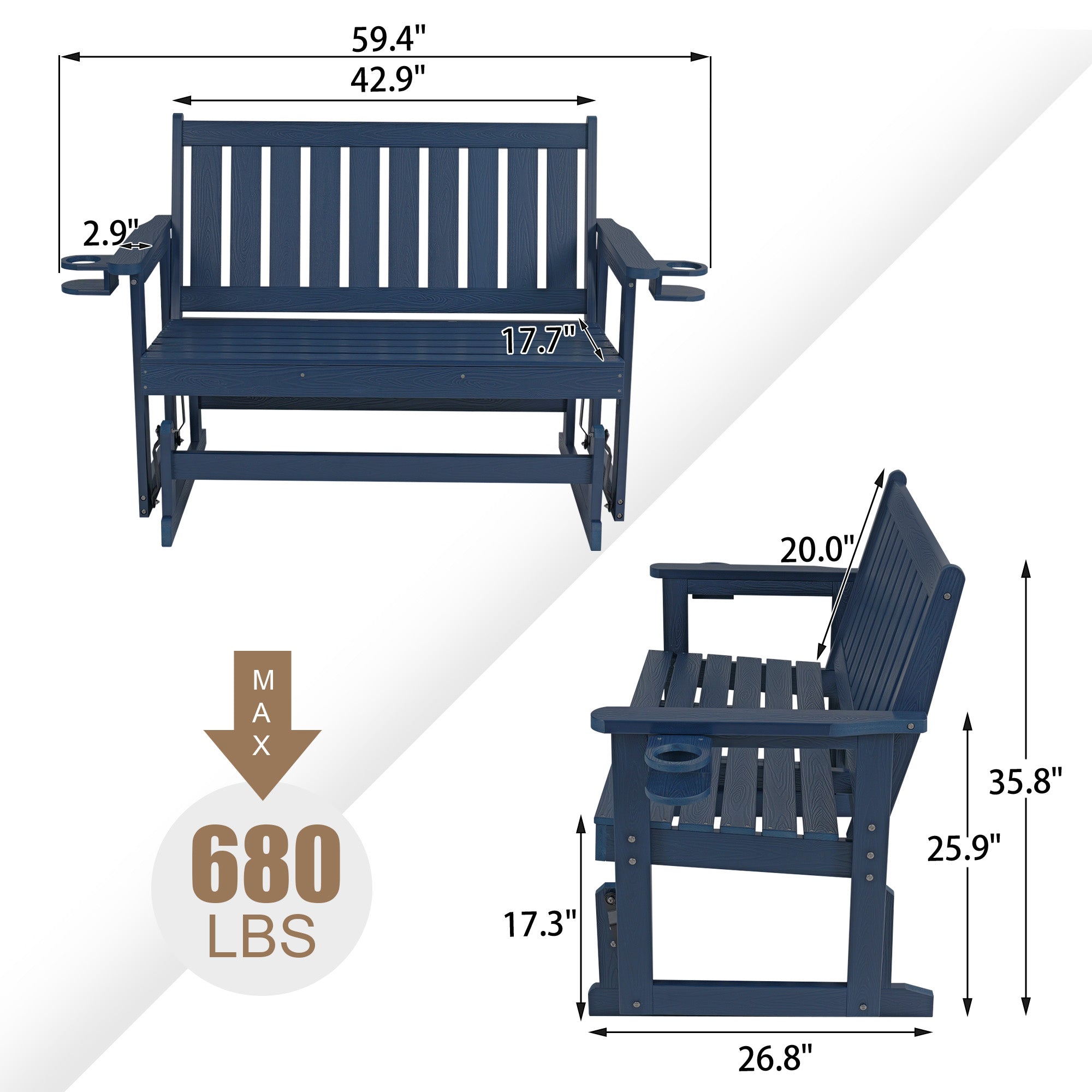 Poly Lumber Patio Glider, HIPS Material Weather-Resistant Swing Bench for Outdoor Porch Garden (Navy Blue, 2-Seater)
