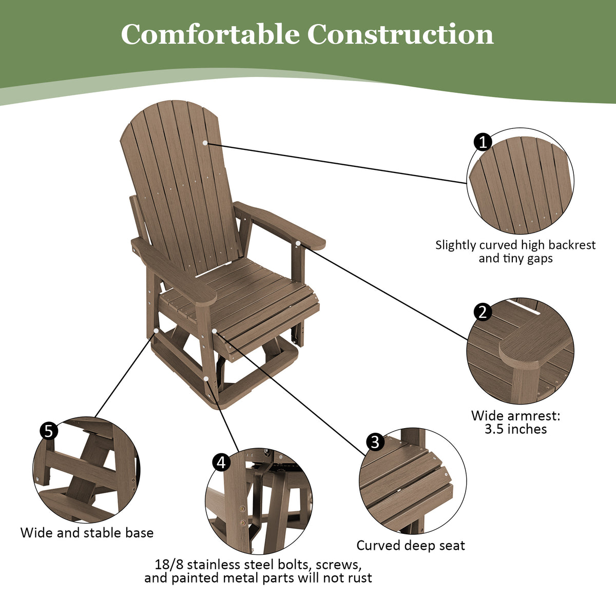 HIPS Swivel Patio Glider, Poly Lumber Weather Resistant Outdoor Chair, for Patio, Porch, Yard (Brown)