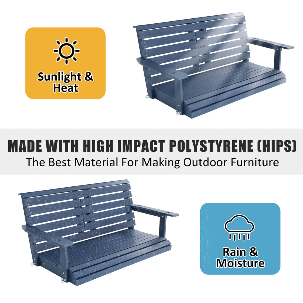 Poly Lumber 3-Seat Porch Swing, HIPS 5-Feet Bench Swing with Foldable Cup Holders,18/8 Stainless Steel Hardware, High Backrest and Deep Contoured Seat (Navy Blue 4.5-feet)