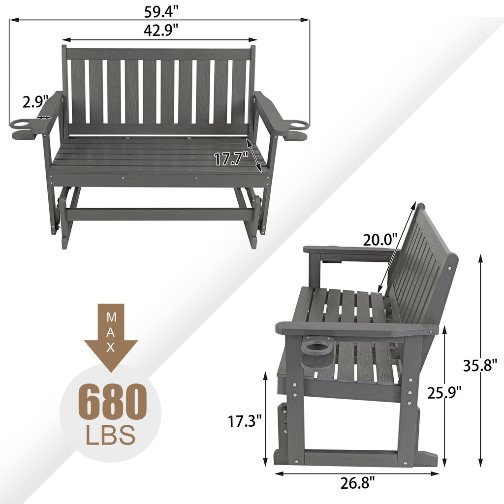 Poly Lumber Patio Glider, HIPS Material Weather-Resistant Swing Bench for Outdoor Porch Garden, Gray