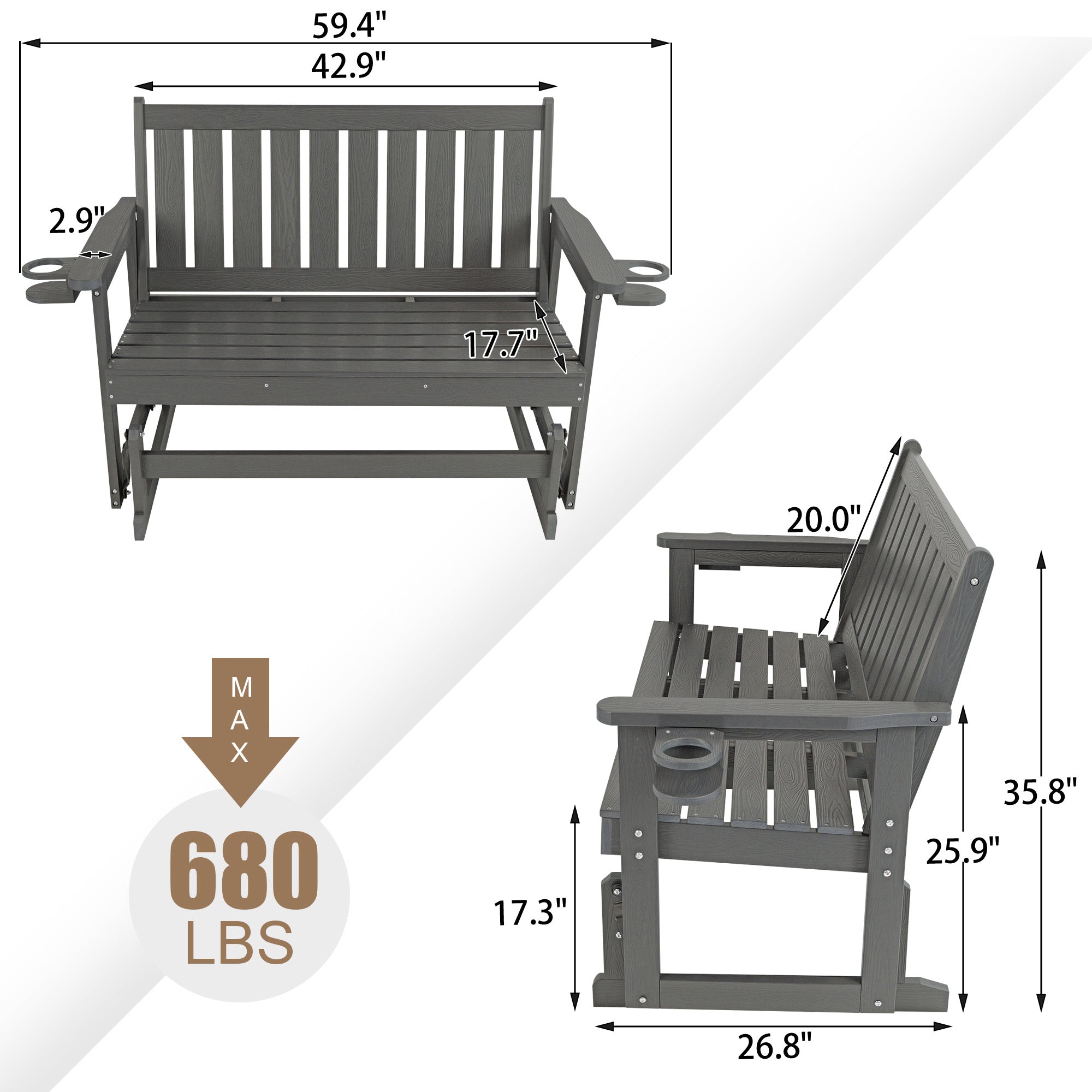 Poly Lumber Patio Glider, HIPS Material Weather-Resistant Swing Bench for Outdoor Porch Garden, Gray
