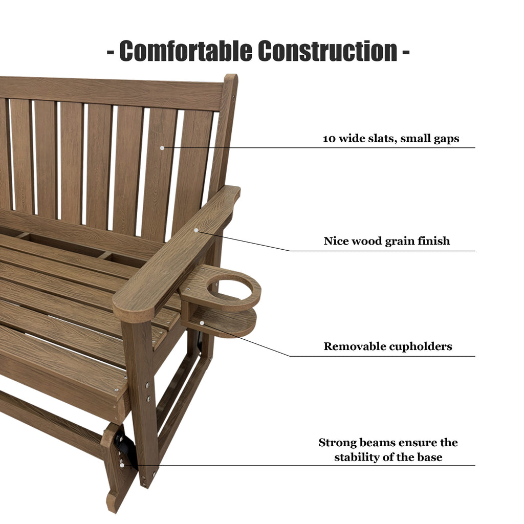 Poly Lumber Patio Glider, HIPS Material Weather-Resistant Swing Bench for Outdoor Porch Garden, Deep Brown