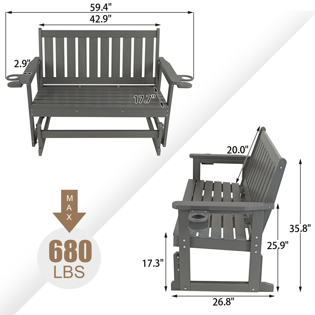 Poly Lumber Patio Glider, HIPS Material Weather-Resistant Swing Bench for Outdoor Porch Garden, Gray