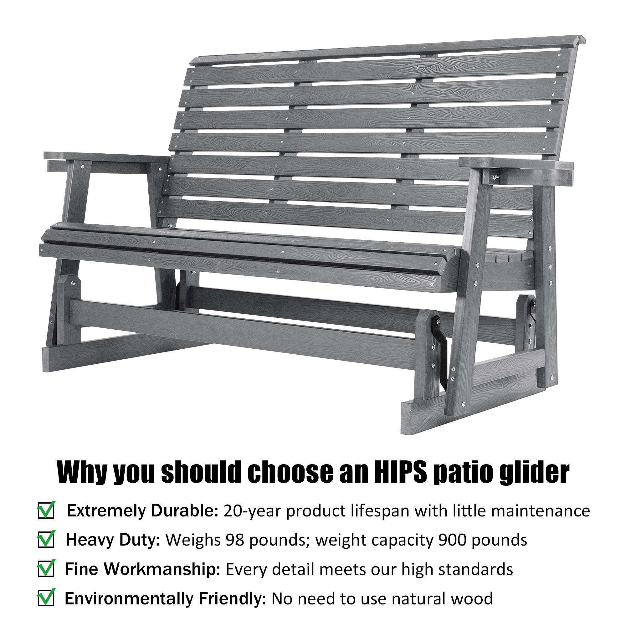 HIPS Patio Glider with Cup Holders, Durable Poly Lumber Material, All-Weather Resistant, High Backrest and Deep Contoured Seat, Ladder Back, Heavy Duty 900 LB, for Outdoor, Patio (Gray, 3-Seat)
