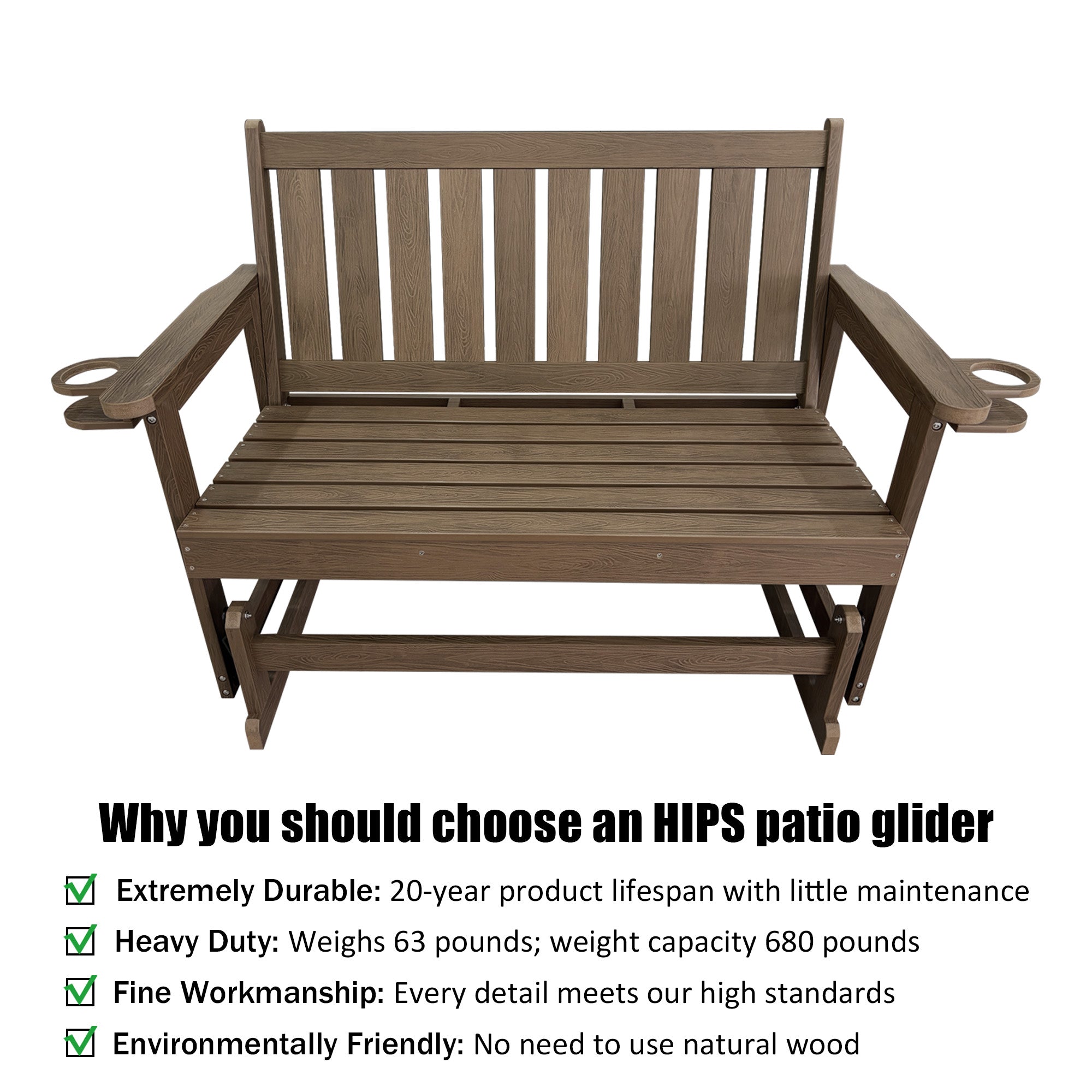 Poly Lumber Patio Glider, HIPS Material Weather-Resistant Swing Bench for Outdoor Porch Garden, Deep Brown