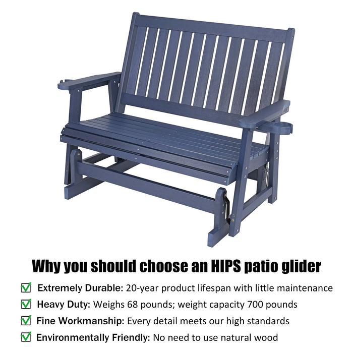HIPS Patio Glider with Cup Holders, Durable Poly Lumber Material, All-Weather Resistant, High Backrest and Deep Contoured Seat, Heavy Duty 900 LB, for Outdoor, Porch, Patio (Navy Blue, 2-Seat)