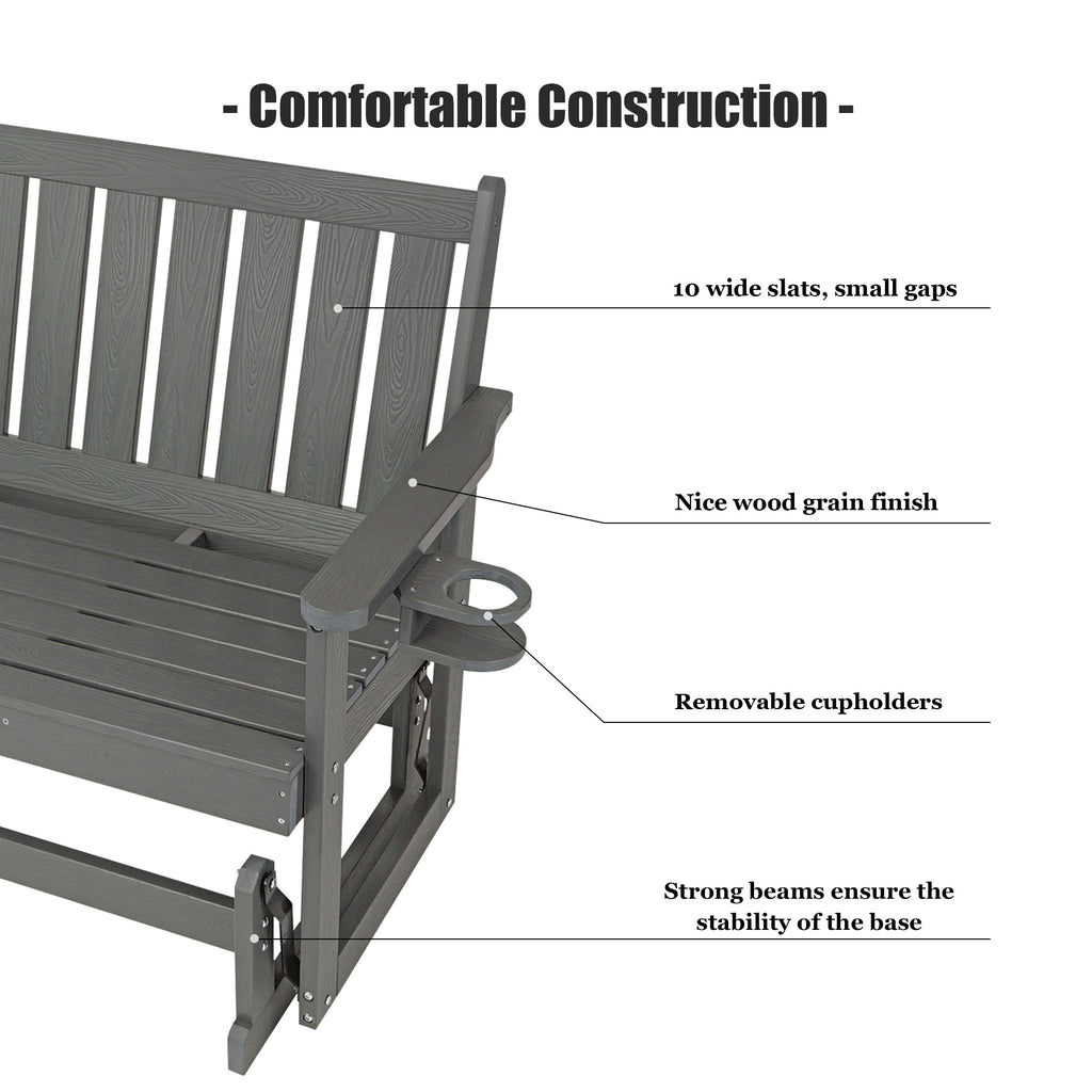 Poly Lumber Patio Glider, HIPS Material Weather-Resistant Swing Bench for Outdoor Porch Garden, Gray