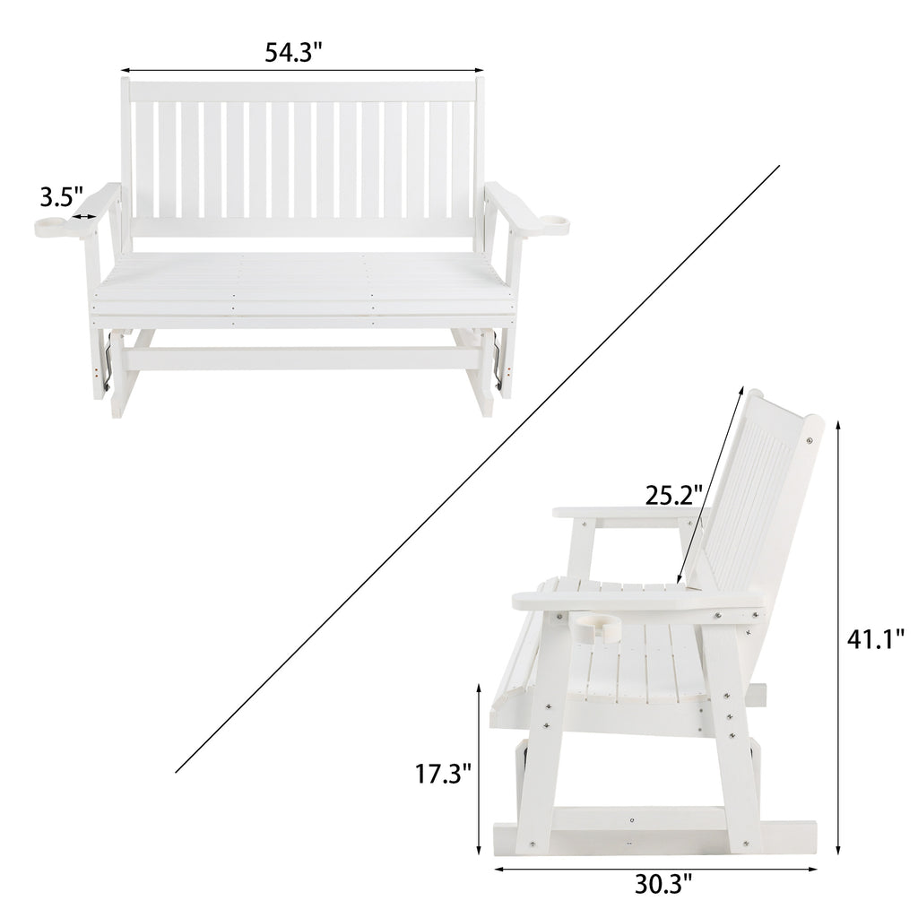 HIPS Patio Glider with Cup Holders, Durable Poly Lumber Material, All-Weather Resistant, High Backrest and Deep Contoured Seat, Heavy Duty 900 LB, for Outdoor, Porch, Patio (Ivory White, 3-Seat)
