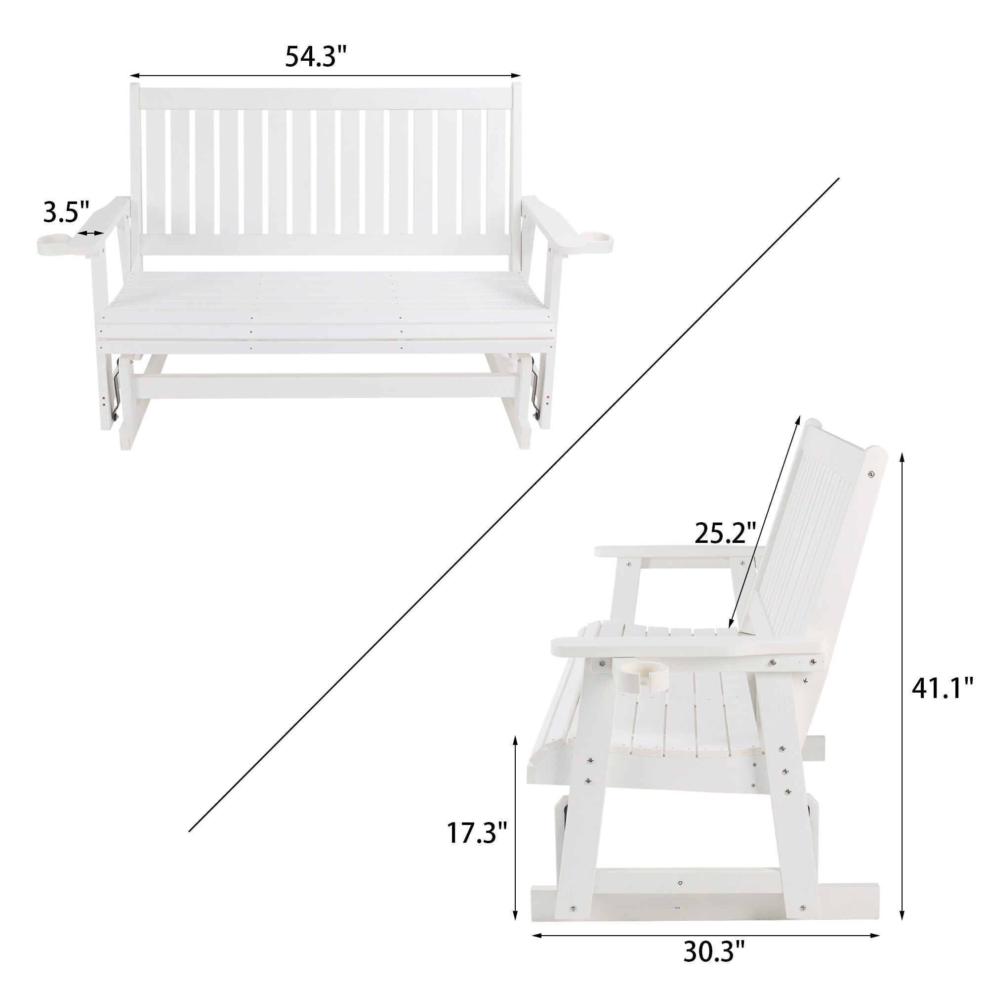 HIPS Patio Glider with Cup Holders, Durable Poly Lumber Material, All-Weather Resistant, High Backrest and Deep Contoured Seat, Heavy Duty 900 LB, for Outdoor, Porch, Patio (Ivory White, 3-Seat)