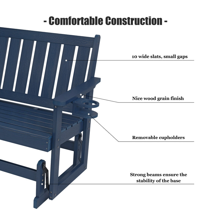Poly Lumber Patio Glider, HIPS Material Weather-Resistant Swing Bench for Outdoor Porch Garden (Navy Blue, 2-Seater)