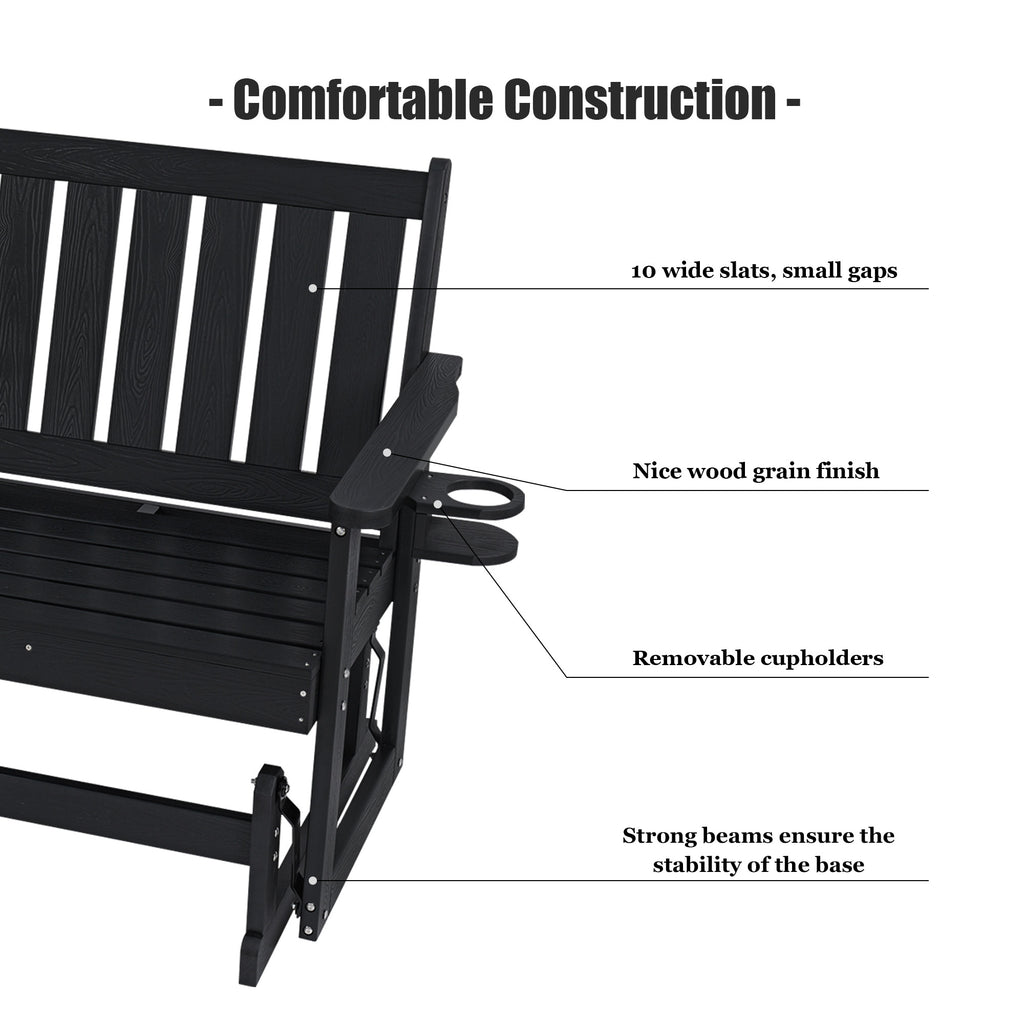 Poly Lumber Patio Glider, HIPS Material Weather-Resistant Swing Bench for Outdoor Porch Garden (Black, 2-Seater)