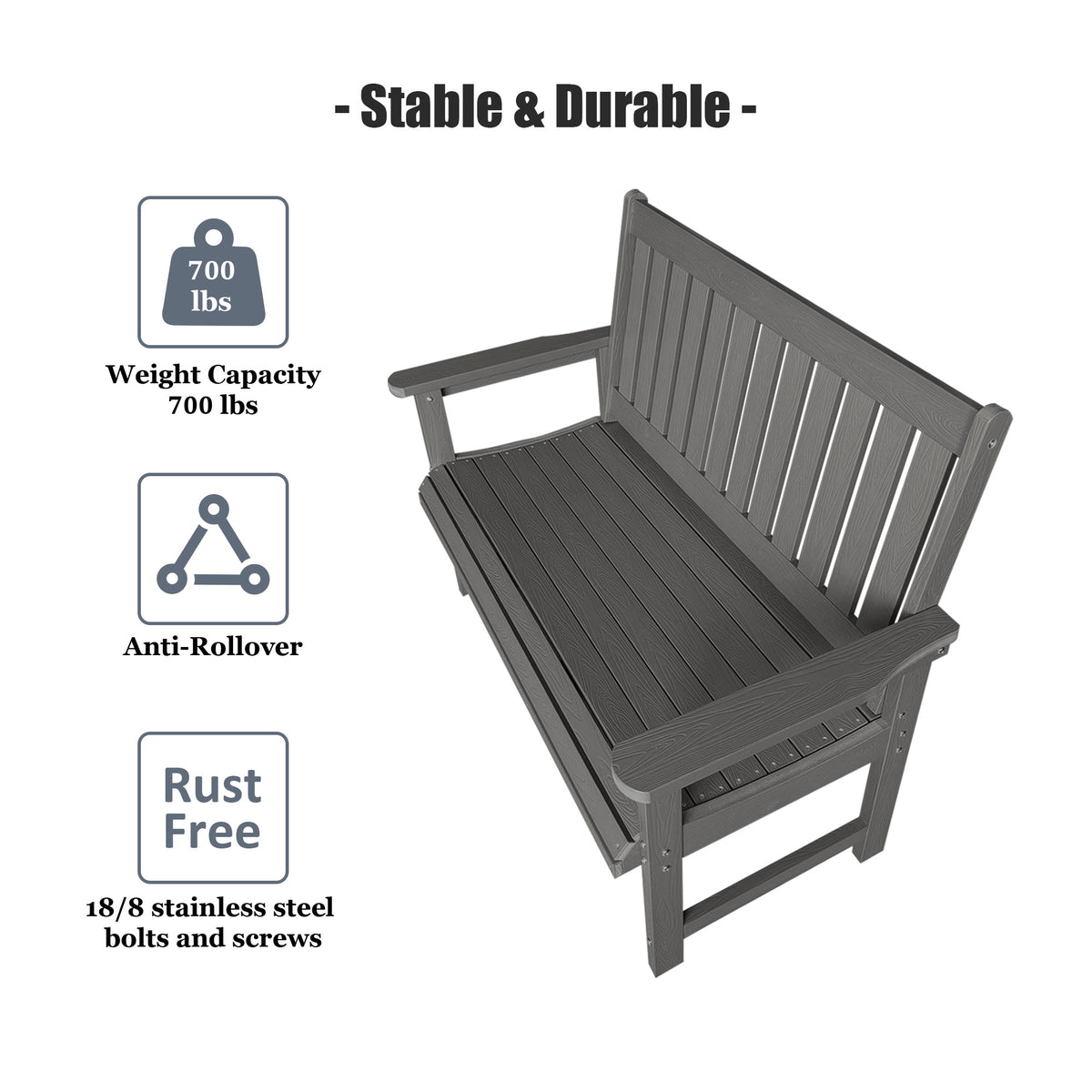 Poly Lumber Outdoor Bench, HIPS All-Weather Bench, Never Rots or Fades, for Patio, Porch, Garden and Park, 700 lbs Weight Capacity (Gray, 44-inch)