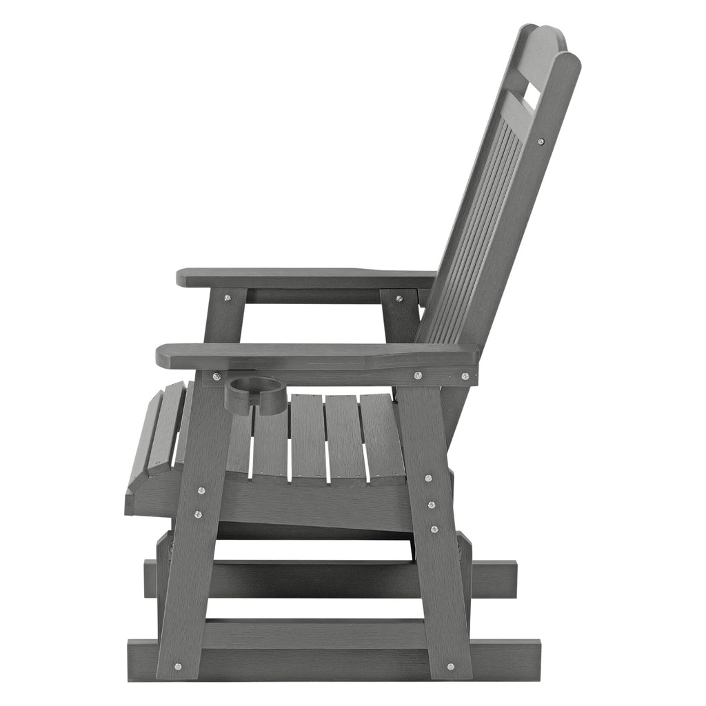Poly Lumber Patio Glider for One Person, with Cup Holders, High Backrest and Deep Contoured Seat, HIPS Material, All-Weather Resistant, Heavy Duty 700 LBS  (Gray)