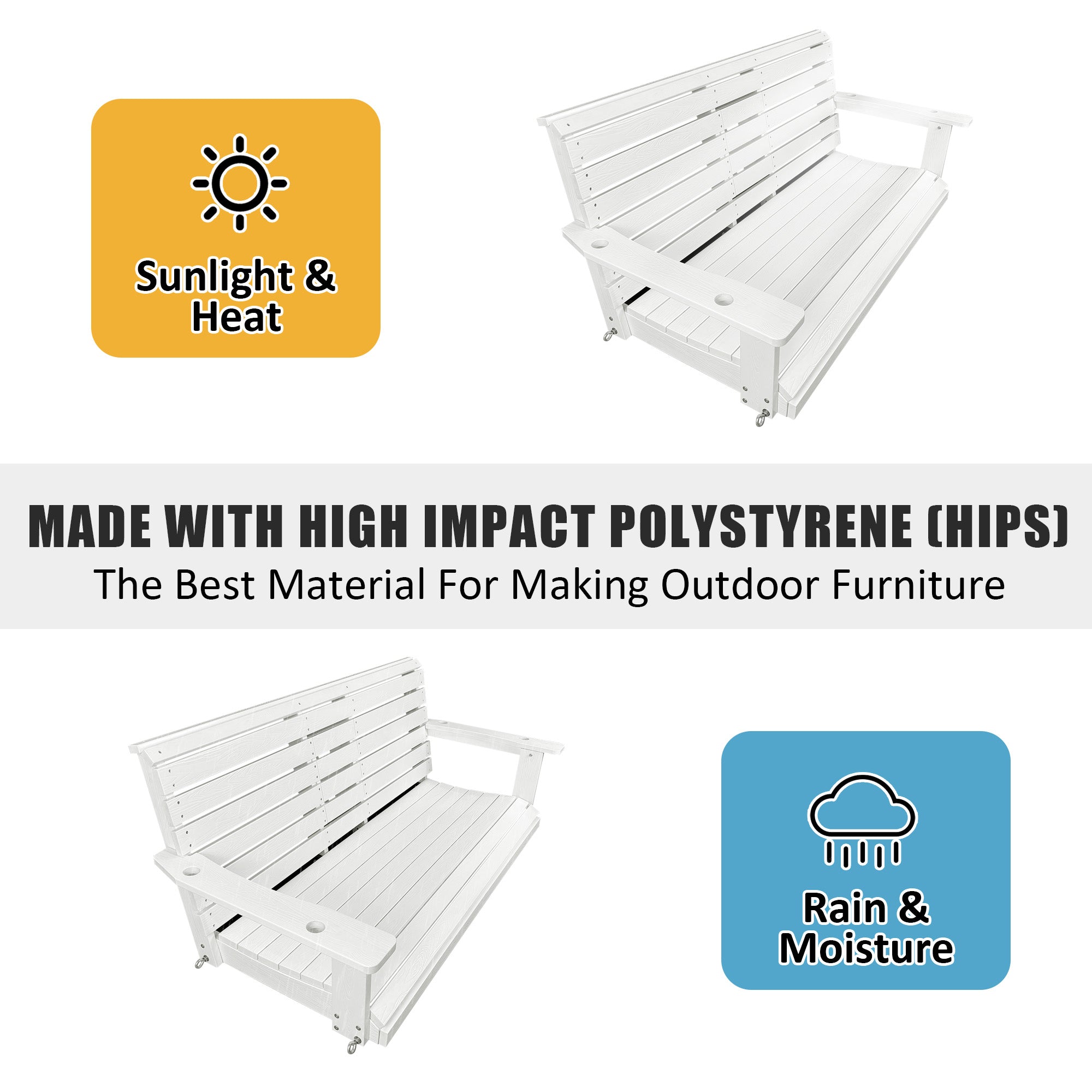 Poly Lumber 3-Seat Porch Swing, HIPS 5-Feet Bench Swing with Foldable Cup Holders,18/8 Stainless Steel Hardware, High Backrest and Deep Contoured Seat, White