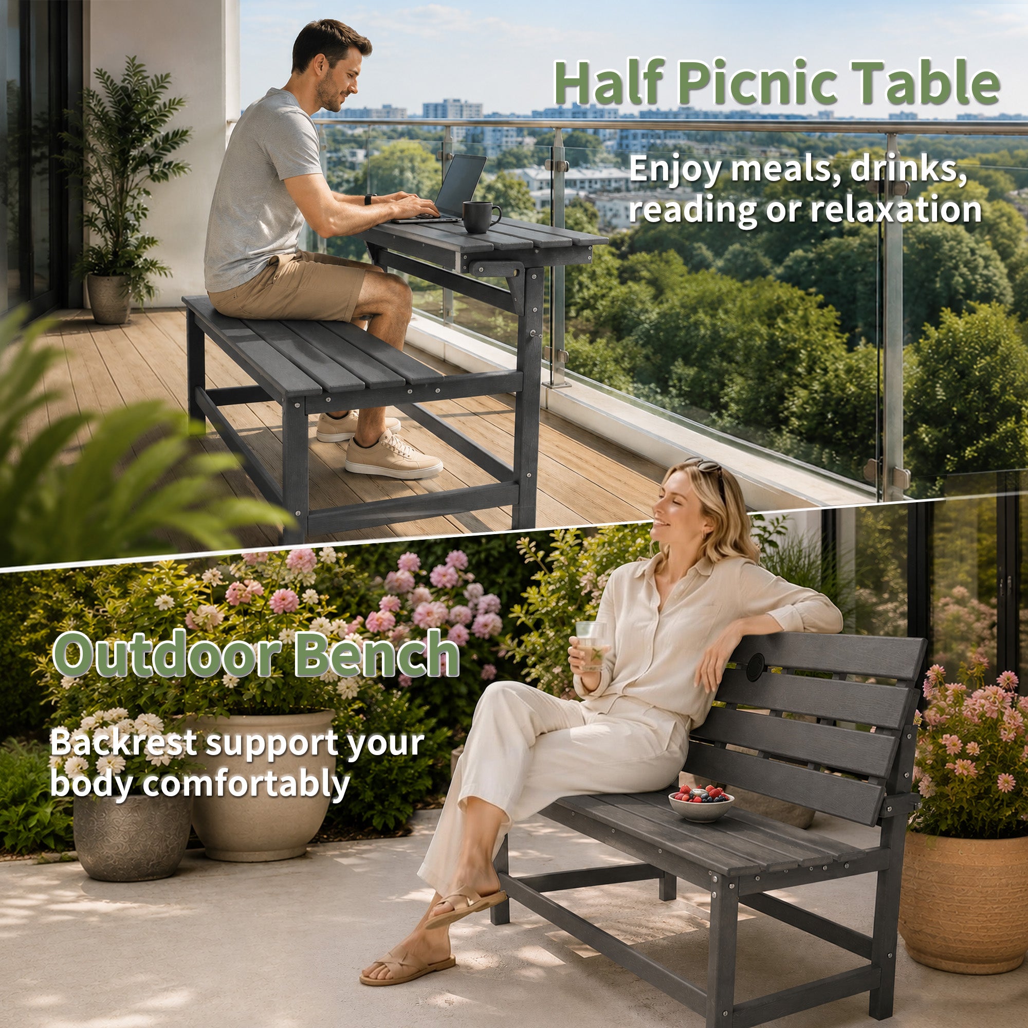 HDPE Convertible Bench Dinning Table with Umbrella Hole for Garden,Patio,Backyard