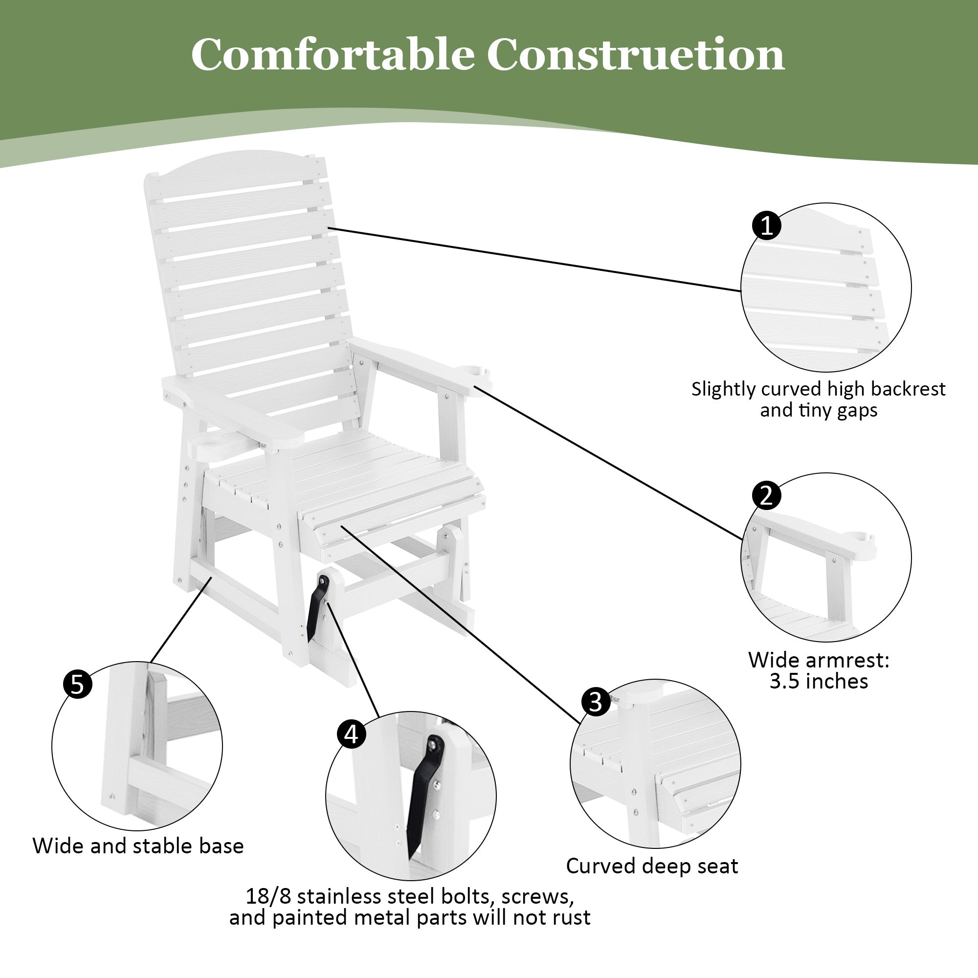 Poly Lumber Patio Glider for One Person, with Cup Holders, High Backrest and Deep Contoured Seat, HIPS Material, All-Weather Resistant, Heavy Duty 700 Pounds (White)