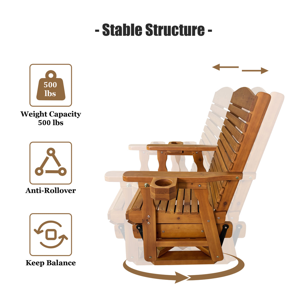 Wooden Swivel Glider Chair, 360° Outdoor Patio Rocker with Ergonomic Design, Smooth Gliding Motion, Solid Fir Wood, Weather-Resistant PU Finish, Heavy Duty 500 LBS (Teak Tone)