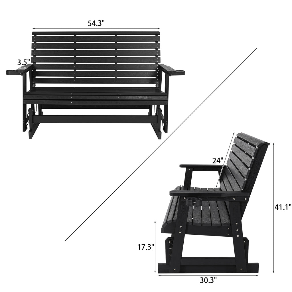HIPS Patio Glider with Cup Holders, Durable Poly Lumber Material, All-Weather Resistant, High Backrest and Deep Contoured Seat, Ladder Back, Heavy Duty 900 LB, for Outdoor, Patio (Black, 3-Seat)