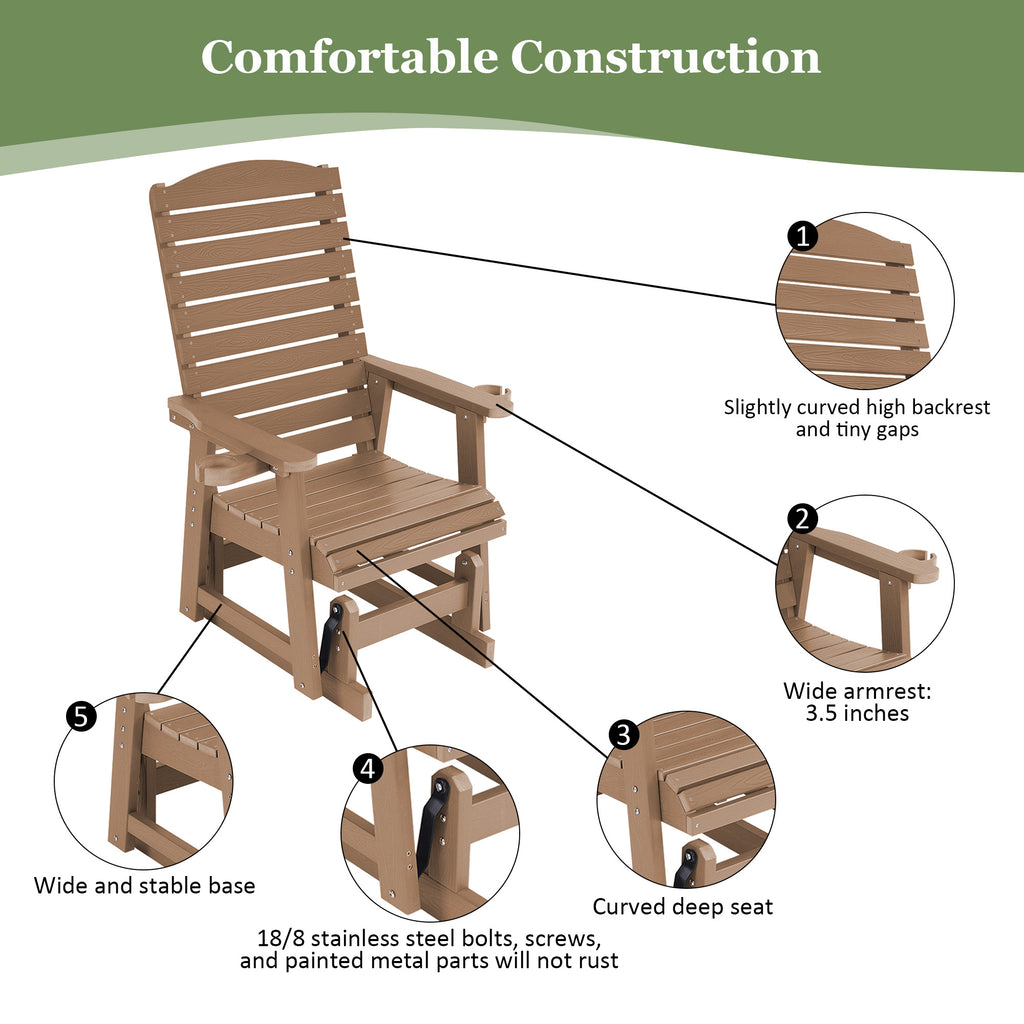 Poly Lumber Patio Glider for One Person, with Cup Holders, High Backrest and Deep Contoured Seat, HIPS Material, All-Weather Resistant, Heavy Duty 700 Pounds (Brown)