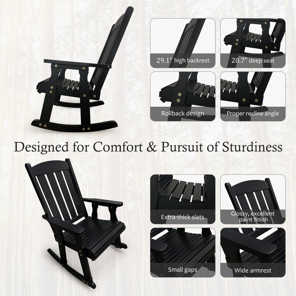 Fortune Candy Wooden Patio Rocking Chair with Comfortable Backrest Inclination, High Backrest and Deep Contoured Seat, Solid Fir Wood, Heavy Duty 600 LBS (Black, 2 Pieces)