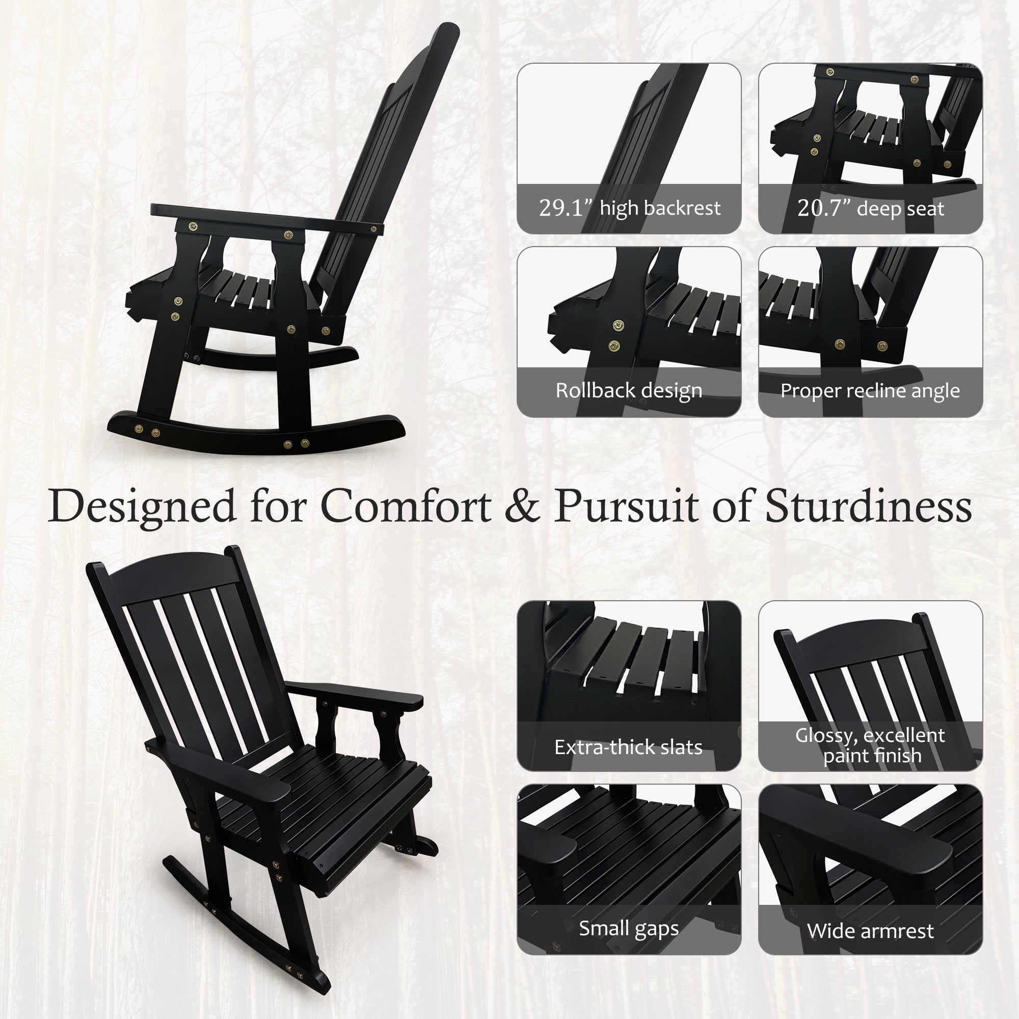 Fortune Candy Wooden Patio Rocking Chair with Comfortable Backrest Inclination, High Backrest and Deep Contoured Seat, Solid Fir Wood, Heavy Duty 600 LBS (Black, 2 Pieces)
