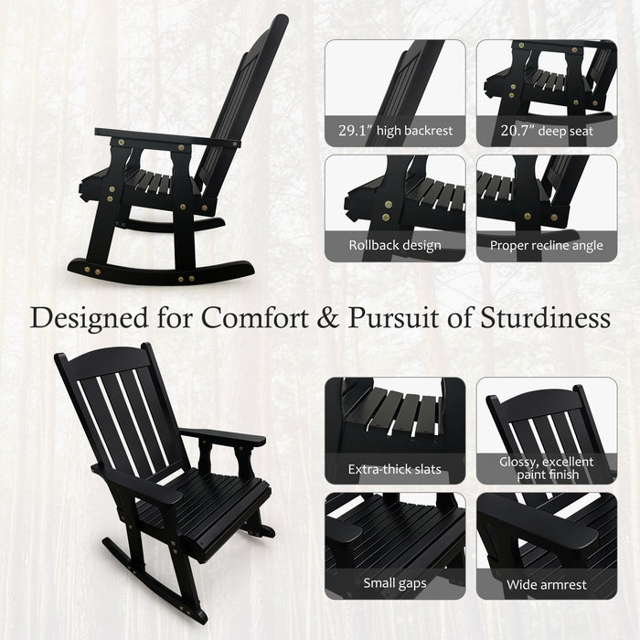 Fortune Candy Wooden Patio Rocking Chair with Comfortable Backrest Inclination, High Backrest and Deep Contoured Seat, Solid Fir Wood, Heavy Duty 600 LBS (Black, 2 Pieces)