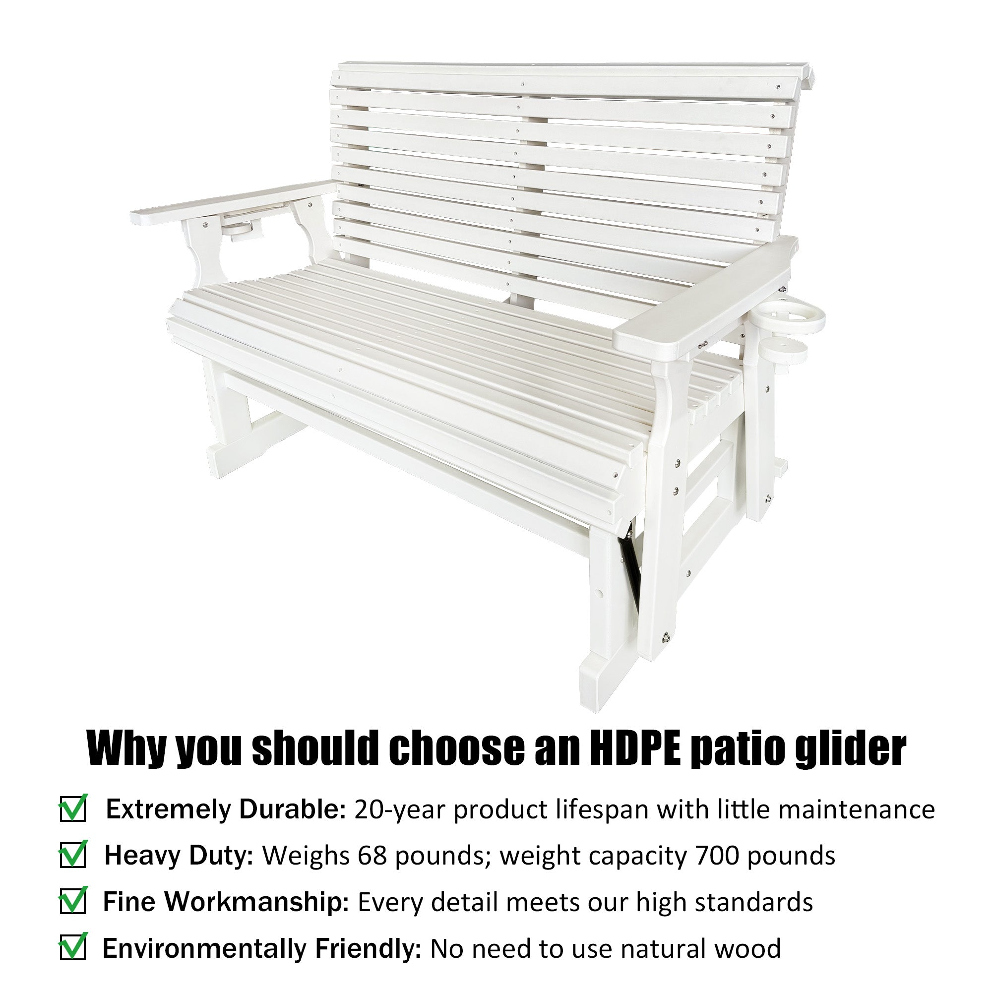 HDPE Patio Glider, Poly Lumber Weather-Resistant Outdoor Glider Bench, for Patio, Porch, Yard (Ivory White, 2-Seater)