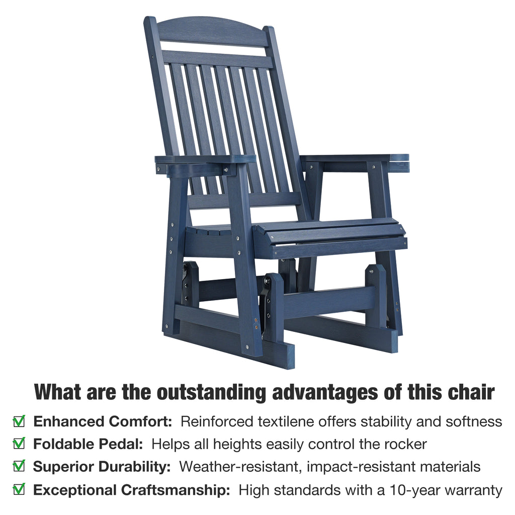 Poly Lumber Patio Glider for One Person, with Cup Holders, High Backrest and Deep Contoured Seat, HIPS Material, All-Weather Resistant, Heavy Duty 700 LBS (Navy Blue)
