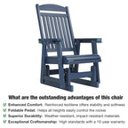 Poly Lumber Patio Glider for One Person, with Cup Holders, High Backrest and Deep Contoured Seat, HIPS Material, All-Weather Resistant, Heavy Duty 700 LBS (Navy Blue)